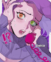 Rule 34 | !?, 1boy, asymmetrical hair, character name, clothing cutout, corded phone, eyelashes, floating hair, freckles, green eyes, grid background, hand on own face, heterochromia, highres, holding, holding phone, jojo no kimyou na bouken, looking at viewer, male focus, matubaru chan, nervous sweating, open mouth, orange eyes, phone, pink hair, portrait, purple background, purple sweater, purple theme, ribbed sweater, scared, solo, sweat, sweatdrop, sweater, turtleneck, turtleneck sweater, vento aureo, vinegar doppio