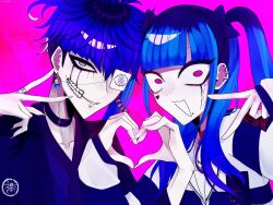 1boy 1girl amemiya_darumi black_bow black_collar black_hair blue_hair bow collar ear_piercing earrings eyepatch face_piercing highres japanese_clothes jewelry lip_piercing long_sleeves looking_at_viewer makeup multicolored_hair omokage_yugamu piercing pink_background pink_eyes red_collar runny_makeup shirt short_hair striped_clothes striped_shirt the_hundred_line_-last_defense_academy- twintails upper_body
