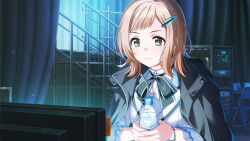 1girl black_bow black_coat bow bracelet brown_hair coat curtains drink hair_ornament holding holding_drink idolmaster idolmaster_shiny_colors jewelry official_art sakuragi_mano short_hair solo stairs