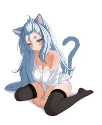 1girl animal_ears armpit_crease bare_shoulders bell black_thighhighs blush breasts cat_ears cat_girl cat_tail cleavage closed_mouth commentary english_commentary grey_hair highres indie_virtual_youtuber large_breasts long_hair looking_at_viewer neck_bell orange_eyes own_hands_together sansha_art second-party_source shirt short_sleeves simple_background sitting solo tail thighhighs tsuki_tyan very_long_hair virtual_youtuber wariza white_background white_shirt