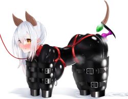 1girl absurdres anal_beads anal_tail animal_ears bdsm bitchsuit black_bodysuit blush bodysuit bondage bondage_mittens bound bound_arms bound_legs breasts butt_plug collar dog_ears dog_tail fake_animal_ears fake_tail hair_between_eyes harness highres human_dog large_breasts latex latex_bodysuit leash long_hair looking_at_viewer maguro27 orange_eyes original pet_play pussy_juice pussy_juice_puddle red_collar sex_toy sidelocks skin_tight slave sweat tail white_background white_hair