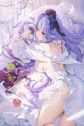 1girl absurdres alternate_costume apple black_nails book bow breasts commentary donut dress fingernails food fork from_behind fruit grapefruit hair_bow hair_spread_out highres houkisei large_breasts long_hair long_sleeves multicolored_hair nail_polish on_bed pillow pointy_ears purple_bow purple_hair sidelocks solo streaked_hair thighs very_long_hair vivian_(zenless_zone_zero) white_dress zenless_zone_zero