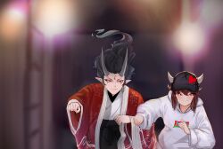 1boy 1girl baseball_cap black_hair black_hakama black_nails blurry blurry_background blush borrowed_character brown_hair clenched_hand closed_mouth depth_of_field drawstring earrings facial_mark fingernails forehead_mark hakama hakama_skirt haori hat heart highres hood hood_down hoodie horns horns_through_headwear indomie_(brand) japanese_clothes jewelry kimono liz_(nin_fake) long_hair long_sleeves nail_polish nin_fake oni open_clothes original pointy_ears red_eyes skirt smile upper_body white_hoodie white_kimono wide_sleeves