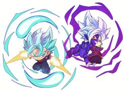 2boys arm_blade aura blue_eyes blue_hair blue_pants blue_shirt chibi dougi dragon_ball dragon_ball_super dragon_ball_z_dokkan_battle earrings energy_sword full_body fused_zamasu highres jewelry komesan_0212 male_focus medium_hair multiple_boys orange_shirt pants potara_earrings shirt simple_background spiked_hair super_saiyan super_saiyan_blue sword vegetto weapon white_background white_hair zamasu