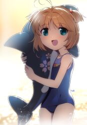 Rule 34 | 1girl, antenna hair, badge, blue one-piece swimsuit, brown hair, cardcaptor sakura, cowboy shot, flat chest, green eyes, highres, himehachi (hime8manga), hug, inflatable dolphin, inflatable toy, kinomoto sakura, old school swimsuit, one-piece swimsuit, school swimsuit, short hair, smile, solo, swimsuit, two side up