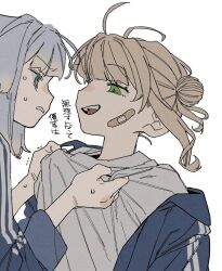 2girls ahoge blonde_hair clothes_grab dayama grey_hair highres kaburaki_roco multiple_girls nijisanji open_mouth shioriha_ruri shirt shirt_grab teeth upper_body upper_teeth_only white_shirt