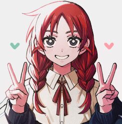 1girl black_eyes black_jacket blush braid bright_pupils collared_shirt commentary double_v dress_shirt film_grain futsuu_no_keion-bu heart highres jacket jose_(unknownshuriken) long_hair long_sleeves looking_at_viewer mole mole_under_eye neck_ribbon off_shoulder open_clothes open_jacket parted_bangs red_hair red_ribbon ribbon school_uniform shirt simple_background smile solo straight-on twin_braids twintails uchida_momo upper_body v white_background white_pupils white_shirt wing_collar