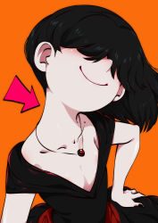 1girl alternate_costume arrow_(symbol) black_dress black_hair black_nails closed_mouth collarbone dress female_focus flat_chest gem hair_over_eyes hand_on_own_hip hidden_eyes highres jcm2 jewelry light_brown_hair lucy_loud medium_hair nail_polish necklace orange_background pale_skin shiny_skin simple_background smile solo the_loud_house upper_body v-neck