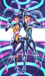 Rule 34 | 2girls, absurdres, alternate color, animal ears, ass, ass-to-ass, ass press, blue hair, blush, bob cut, bodysuit, boots, breasts, covered navel, curvy, fake animal ears, fellatio gesture, female focus, full body, gloves, gradient hair, happy, high heels, highleg, highleg leotard, highres, holding hands, huge ass, leotard, looking at viewer, masachuusa, multicolored bodysuit, multicolored hair, multiple girls, multiple persona, neon lights, nipple piercing, nipples, one eye closed, open mouth, original, piercing, pubic tattoo, rabbit ears, see-through bodysuit, see-through clothes, see-through leotard, shiny clothes, shiny skin, short hair, small breasts, smile, standing, taimanin (series), taimanin rpgx, tattoo, thick thighs, thighs, thong leotard, tongue, tongue out, tongue piercing, tsuzuruki mikoto, wide hips