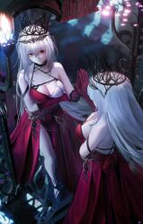 1girl absurdly_long_hair absurdres arknights arm_under_breasts bare_shoulders breasts cleavage closed_mouth commentary_request crown dress g11_and_bang gloves hair_between_eyes halter_dress halterneck hand_on_mirror highres long_hair looking_at_viewer medium_breasts official_alternate_costume red_dress red_eyes red_gloves reflection side_slit skadi_(arknights) skadi_the_corrupting_heart_(arknights) skadi_the_corrupting_heart_(red_countess)_(arknights) sleeveless sleeveless_dress solo standing thighs very_long_hair white_hair