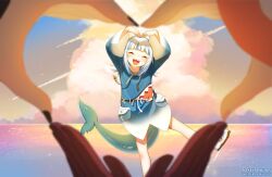 4girls :d artist_name black_nails blue_hair blunt_bangs blurry blurry_foreground brown_gloves cloud commentary drawstring english_commentary facing_viewer fins fish_tail gawr_gura gawr_gura_(1st_costume) gloves heart heart_hands heart_hands_trio hololive hololive_english holomyth long_sleeves mori_calliope multicolored_hair multiple_girls nail_polish ninomae_ina&#039;nis open_mouth pokey shark_tail sharp_teeth smile solo_focus streaked_hair tail takanashi_kiara teeth virtual_youtuber water white_hair wide_sleeves