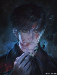 1boy absurdres black_hair black_jacket black_necktie blazer blood blood_on_clothes blood_on_face chinese_commentary closed_mouth collared_shirt commentary_request dark expressionless green_eyes grey_shirt hand_hair hand_up highres jacket kouba_yaxi_jiang light_particles looking_at_viewer love_and_deepspace male_focus necktie night realistic shirt short_hair solo storm thick_eyebrows upper_body watermark weibo_watermark zayne_(love_and_deepspace)