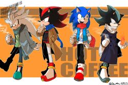 Rule 34 | 4boys, alternate costume, artist name, black fur, blue eyes, blue fur, ca mu 0322, collared shirt, cup, disposable coffee cup, disposable cup, drink, english text, fire, full body, gloves, green eyes, grey fur, hand on own hip, highres, holding, jacket, long sleeves, male focus, mephiles the dark, multiple boys, open clothes, open jacket, open mouth, pants, red eyes, red fur, scarf, shadow the hedgehog, shirt, shoes, silver the hedgehog, smile, sneakers, sonic (series), sonic channel, sonic the hedgehog, teeth, two-tone fur, upper teeth only, yellow eyes