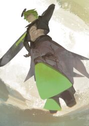 1boy abs absurdres aotu_world belt black_belt black_boots black_gloves black_jacket black_pants black_shirt boots chinese_commentary closed_mouth crop_top cropped_jacket foreshortening from_below full_body gloves glowing greatsword green_hair halo highres holding holding_sword holding_weapon jacket looking_at_viewer looking_down maggot92589 male_focus midriff navel open_clothes open_jacket orange_eyes over_shoulder pants pectorals shirt shoe_soles smile solo stomach sword toned toned_male waist_cape weapon weapon_over_shoulder xander_(aotu_world)