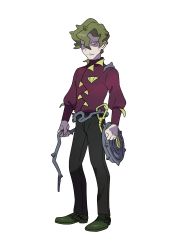1boy absurdres artist_request black_pants brassius_(pokemon) green_eyes green_hair green_shoes highres holding holding_whip looking_at_viewer nintendo official_art pants pokemon pokemon_sv red_shirt ringed_eyes shirt shoes simple_background solo spiked_hair vine_belt vine_whip whip yellow_collar