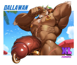 1boy abs animal_ears arm_behind_head armpits artist_name bara beach_umbrella beard bird blue_sky character_name chest_hair cloud commentary cow_boy cow_ears cow_horns cow_tail cross_scar dallawan_(xxl) earrings english_commentary english_text erection facial_hair from_below furry furry_male hand_on_own_hat highres horns jewelry looking_at_viewer looking_down male_focus mouth_hold multiple_scars muscular muscular_male nipple_piercing nipple_rings nipples pandarita pectorals penis penis_piercing piercing scar scar_on_arm scar_on_chest scar_on_leg scar_on_stomach single_earring sky smile stalk_in_mouth tail testicles umbrella xxl_woofia