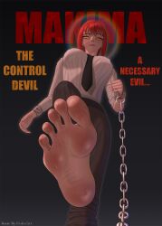 Rule 34 | 1girl, absurdres, barefoot, chain, chainsaw man, fedesart, feet, highres, leash, long hair, looking at viewer, makima (chainsaw man), pov, red hair, smile, soles, sweat, toes, viewer on leash, yellow eyes