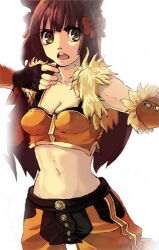 1girl black_gloves black_shirt black_shorts bow breasts brown_gloves brown_hair brown_shirt brown_shorts cleavage commentary_request cowboy_shot crop_top fingerless_gloves fur-trimmed_gloves fur-trimmed_shirt fur_trim gloves hair_bow jiu_(cocue) looking_at_viewer lowres medium_breasts midriff navel open_mouth ragnarok_online red_bow shirt shorts simple_background sleeveless sleeveless_shirt sniper_(ragnarok_online) solo two-tone_gloves two-tone_shirt two-tone_shorts v-shaped_eyebrows white_background yellow_eyes