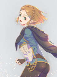 1girl absurdres ass blonde_hair blue_shirt braid breasts cape green_eyes hair_ornament hairclip highres hood karashino looking_at_viewer looking_back medium_breasts nintendo pointy_ears princess_zelda shirt solo standing the_legend_of_zelda the_legend_of_zelda:_breath_of_the_wild