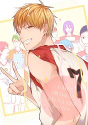 2017 6+boys akashi_seijuurou aomine_daiki arm_up basketball_jersey basketball_uniform black-framed_eyewear blonde_hair blue_eyes blue_hair cake character_name commentary_request dated earrings english_text food fruit glasses green_hair grin happy_birthday holding holding_cake holding_food jacket jewelry kagami_taiga kiri_se kise_ryouta kuroko_no_basuke kuroko_tetsuya male_focus medium_hair midorima_shintarou multiple_boys murasakibara_atsushi one_eye_closed open_clothes open_jacket open_mouth orange_jacket piercing purple_hair rectangular_eyewear red_hair single_bare_shoulder sleeveless smile solo_focus sportswear strawberry teeth v v-neck vorpal_swords_uniform yellow_eyes