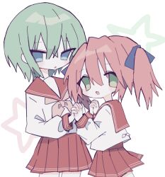 029uu 2girls absurdres blue_bow blue_eyes blush bow green_eyes green_hair highres holding_hands iwasaki_minami kobayakawa_yutaka long_hair lucky_star multiple_girls neckerchief pink_neckerchief pleated_skirt red_hair red_sailor_collar red_skirt ryouou_school_uniform sailor_collar sailor_shirt school_uniform shirt short_hair skirt smile star_(symbol) turning_head twintails white_background white_shirt