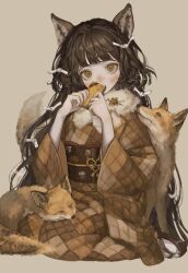 1girl absurdres animal_ears black_hair black_sandals blunt_bangs blush brown_kimono fox fox_ears fox_girl fox_tail fur-trimmed_kimono fur_trim gift green_eyes grey_background hair_ribbon highres holding holding_gift japanese_clothes kimono long_hair long_sleeves looking_at_viewer original pale_skin ribbon sandals sayoko_(sayosny2) seiza sidelocks signature simple_background sitting socks solo tail three-quarter_sleeves very_long_hair white_ribbon white_socks wide_sleeves