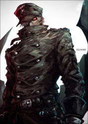 1boy artist_name captain_(hellsing) glowing glowing_eyes hair_over_one_eye hat hellsing holster holstered k-suwabe looking_at_viewer military_hat nazi red_eyes solo white_hair