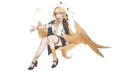 1girl absurdres bare_legs black_eyeshadow black_jacket black_ribbon black_shoes black_skirt blonde_hair blunt_bangs bracelet breasts character_name commentary english_commentary eyeshadow feathered_wings full_body golden_wings grey_lips hair_ribbon half_updo halo high_heels highres jacket jacket_on_shoulders jewelry large_breasts less long_hair looking_at_viewer low_wings makeup necklace no_bra open_clothes open_shirt original outstretched_arm ribbon shirt shoes simple_background sitting skirt sleeves_rolled_up smile solo thigh_strap very_long_hair w white_background white_shirt wings yellow_eyes