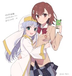 2girls :d asymmetrical_bangs blazer bow bowtie brown_eyes brown_hair brown_jacket cellphone collared_shirt green_eyes grey_hair grey_skirt hair_ornament hairpin highres holding holding_phone hug index_(toaru_majutsu_no_index) jacket long_hair long_sleeves looking_at_viewer medium_hair miniskirt misaka_mikoto multiple_girls nun open_mouth phone plaid_clothes plaid_skirt pleated_skirt red_bow red_bowtie robe roruku safety_pin school_emblem school_uniform shirt simple_background skirt smartphone smile taking_picture toaru_kagaku_no_railgun toaru_majutsu_no_index tokiwadai_school_uniform twitter_username white_background white_robe white_shirt wimple winter_uniform