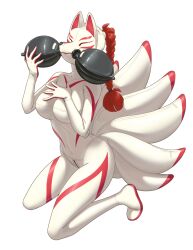 1girl animal_ears bodysuit braid braided_ponytail commander_rab(layer_industries) fake_animal_ears fox_mask full_body gas_mask hand_on_own_chest kneeling latex latex_bodysuit mask original oxygen_mask red_hair shiny_clothes skin_tight white_bodysuit