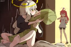 Rule 34 | 2girls, ahoge, artist name, bare legs, barefoot, black shirt, black shorts, blue archive, blunt bangs, blush, commentary request, dakimakura (object), doodle sensei (blue archive), drawing (object), dropping, grey hair, hair down, hair intakes, halo, hare (blue archive), hare (pajamas) (blue archive), highres, hugging object, long hair, long sleeves, maki (blue archive), maki (pajamas) (blue archive), multiple girls, o o, object kiss, official alternate costume, open door, open mouth, pajamas, pillow, pillow hug, red hair, red halo, sandals, sensei (blue archive), shirt, shorts, signature, sitting, sleeveless, surprised, tank top, twitter username, tzcream, watermark, white shirt, white tank top