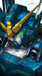 Rule 34 | absurdres, commentary, dated, denjyou23, glowing, glowing eye, green eyes, gundam, gundam heavyarms custom, gundam wing, gundam wing: endless waltz, half mask, highres, mask, mecha, mecha focus, mobile suit, no humans, portrait, rifling, robot, science fiction, signature, simple background, solo, v-fin, white background