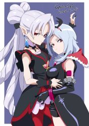 2girls black_nails black_shorts bow breasts choker dress earrings eas_(fresh_precure!) elbow_gloves fresh_precure! gloves go!_princess_precure grey_hair gya-tei highres jewelry large_breasts long_hair looking_at_viewer multiple_girls pantyhose pointy_ears precure red_eyes red_pantyhose short_hair shorts signature thighhighs twilight_(go!_princess_precure) very_long_hair white_hair wrist_cuffs