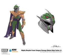1boy arm_guards armor belt bodysuit boots cape claw_(weapon) crossover dragon_ranger fingerless_gloves fusion gloves gold_armor helmet male_focus mask mighty_morphin_green_ranger mighty_morphin_power_rangers ninja official_art power_rangers purple_cape shredder_(tmnt) simone_dimeo solo spikes teenage_mutant_ninja_turtles weapon white_background