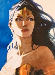 1girl armlet armor armored_dress bare_shoulders black_hair blue_background blue_eyes breasts cleavage collarbone dan_mora dc_comics dress eyelashes gold_armlet gold_tiara gold_trim highres jewelry long_hair looking_to_the_side mature_female parted_lips red_lips solo strapless strapless_dress sunlight tiara two-tone_background white_background wonder_woman wonder_woman_(series)
