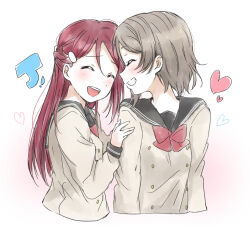 2girls blush closed_eyes commentary_request grey_hair heart highres hug long_hair love_live! love_live!_sunshine!! multiple_girls red_hair sakurauchi_riko simple_background watanabe_you white_background yuchi_(salmon-1000) yuri