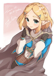 Rule 34 | 1girl, absurdres, black gloves, blonde hair, blue shirt, blush, braid, brown cape, cape, character name, closed mouth, commentary request, copyright name, crown braid, fingerless gloves, gloves, green eyes, hair ornament, hairclip, highres, hood, hood down, hooded cape, long sleeves, looking at viewer, nintendo, pointy ears, princess zelda, rare00 u, shirt, short hair, smile, solo, the legend of zelda, the legend of zelda: tears of the kingdom, white sleeves