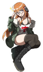 1girl adjusting_eyewear ahoge armpit_crease behind-the-head_headphones black-framed_eyewear black_boots black_tank_top black_thighhighs boots breasts cleavage collarbone full_body fur-trimmed_jacket fur_trim glasses green_jacket headphones highres jacket long_hair looking_at_viewer medium_breasts nagyiiie orange_hair persona persona_5 purple_eyes sakura_futaba shirt simple_background solo tank_top thighhighs thighs very_long_hair white_background white_shirt