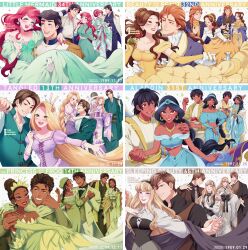 Rule 34 | 6+boys, 6+girls, absurdres, aladdin (disney), aladdin (movie), ariel (disney), aurora (disney), beauty and the beast (disney), belle (disney), black hair, blonde hair, blue eyes, brown hair, disney, disney princess, dress, eric (disney), flynn rider, highres, jasmine (disney), long hair, looking at viewer, mizala, multiple boys, multiple girls, phillip (disney), prince adam (disney), prince naveen, rapunzel (disney), sleeping beauty (disney), smile, tangled, the little mermaid (disney), the princess and the frog, tiana (the princess and the frog)