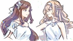 2girls absurdres blonde_hair braid brown_hair couple dress hair_ornament hairclip headband highres light_smile looking_at_another multiple_girls purple_eyes red_eyes ribbon saijou_claudine shoujo_kageki_revue_starlight shoujo_kageki_revue_starlight_-re_live- tendou_maya upper_body white_background white_dress white_headband white_ribbon yuri