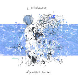 Rule 34 | 1other, absurdres, album cover, amputee, androgynous, armless amputee, artist request, blue hair, blue theme, chromatic aberration, copyright name, cover, dissolving, english text, full body, glitch, highres, marmalade butcher (band), monochrome, official art, partially colored, short hair, solo, wings