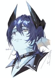 1boy aqua_skin belt_collar black_collar black_crown blue_hair collar collarbone colored_skin commentary_request crown dragon_quest dragon_quest_x fins fish_boy hair_between_eyes head_fins looking_down male_focus pafe1128 portrait short_hair smile solo twitter_username weddie_(dq10) white_background yellow_eyes