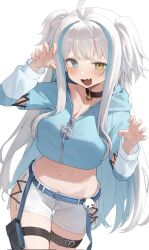 1girl ahoge bell belt black_choker blue_eyes blue_hair blue_jacket breasts choker claw_pose cleavage colored_inner_hair commentary_request commission cowboy_shot crop_top crop_top_overhang cropped_jacket dx35678 fang hand_up heart heterochromia highres hood hood_down hooded_jacket illusion_live jacket jingle_bell korean_commentary long_hair long_sleeves looking_at_viewer midriff mole mole_under_eye multicolored_hair navel nyaru_(illusion_live) open_mouth short_shorts shorts side_slit simple_background smile solo stomach streaked_hair thigh_strap thighs two-tone_hair two_side_up uneven_eyes very_long_hair virtual_youtuber white_background white_hair white_shorts yellow_eyes zipper zipper_pull_tab
