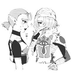2girls bodysuit cropped_torso eye_symbol from_side greyscale hand_on_own_hip headscarf highres impa lips looking_at_another monochrome multiple_girls nintendo pointy_ears ponytail sarashi sheik short_hair short_ponytail simple_background sketch sparkle tears the_legend_of_zelda the_legend_of_zelda:_ocarina_of_time translation_request white_background yamori_(yamoooon21)