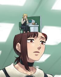 2girls black_choker black_dress blonde_hair blurry blurry_background brown_eyes brown_hair burger ceiling_light chainsaw_man chair choker death_devil_(chainsaw_man) desk dress family_burger_mascot_(chainsaw_man) food fourth_east_high_school_uniform hair_ornament hairclip heppari higashiyama_kobeni highres long_sleeves mole mole_on_cheek mole_under_eye monitor multiple_girls multiple_moles open_mouth parody pinafore_dress poster_parody red_eyes school_uniform severance_(series) sleeveless sleeveless_dress