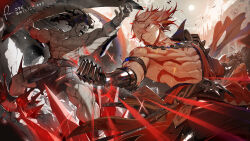 2boys armor arms_up barefoot black_hair closed_mouth crossover fate_(series) guest_art heracles_(fate) highres holding holding_sword holding_weapon honkai:_star_rail honkai_(series) male_focus medium_hair multiple_boys muscular muscular_male mydei_(honkai:_star_rail) open_mouth orange_eyes orange_hair pauldrons red_tattoo semi_(p-poco) shoulder_armor single_pauldron smile sword teeth topless_male weapon
