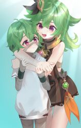 2girls :d absurdres akaneko016 aqua_background bandages bare_arms bare_shoulders black_dress collei_(genshin_impact) cowboy_shot dress dual_persona genshin_impact green_hair hair_ornament highres hug long_hair multiple_girls open_mouth purple_eyes shirt sleeveless sleeveless_dress smile standing white_shirt
