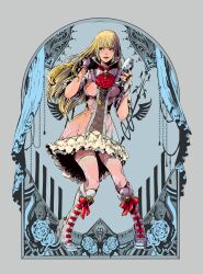 Rule 34 | 1girl, :d, absurdres, ascot, blonde hair, blue eyes, blunt bangs, boots, cup, dress, drinking glass, emilie de rochefort, fingerless gloves, gloves, hand in own hair, highres, holding, holding cup, jbstyle, knee boots, long hair, non-web source, official art, open mouth, pink dress, pink thighhighs, red ascot, smile, solo, standing, tekken, tekken 8, thighhighs, upper body, white boots, white gloves