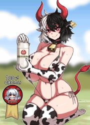 1girl animal_ears animal_print bell bikini black_hair blurry blurry_background blush bottle breasts collar commentary cow_ears cow_girl cow_horns cow_print cow_print_bikini cow_tail cowbell elbow_gloves english_commentary formicid full_body gloves heart heart-shaped_pupils highres holding holding_bottle horns huge_breasts kneeling logo looking_at_viewer messy_hair milk_bottle multicolored_hair multicolored_thighhighs outdoors print_bikini red_eyes red_horns smile solo sweat swimsuit symbol-shaped_pupils tail thick_thighs thighhighs thighs touhou toutetsu_yuuma two-tone_hair ushizaki_urumi white_hair