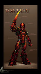 absurdres arm_blade bionicle black_border border character_name clenched_hand commentary english_commentary green_eyes highres humanoid_robot kanohi_(bionicle) looking_at_viewer mask matoran_language redesign robot shadow signature tahu_(bionicle) the-ht-wacom-man the_lego_group translation_request weapon